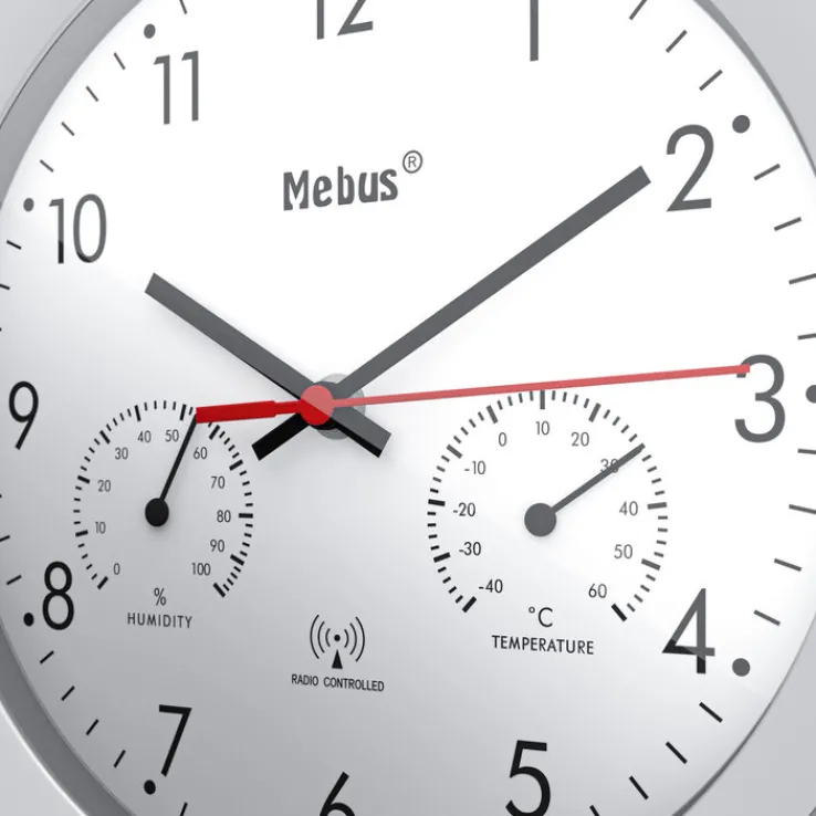 Mebus Funk-Wanduhr mit Thermo- und Hygrometer 30 cm silberfarbig