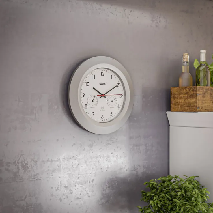 Mebus Funk-Wanduhr mit Thermo- und Hygrometer 30 cm silberfarbig