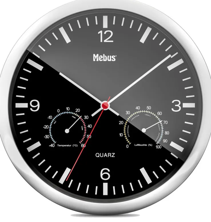Mebus Quarz-Wanduhr mit Thermo- und Hygrometer 25 cm schwarz