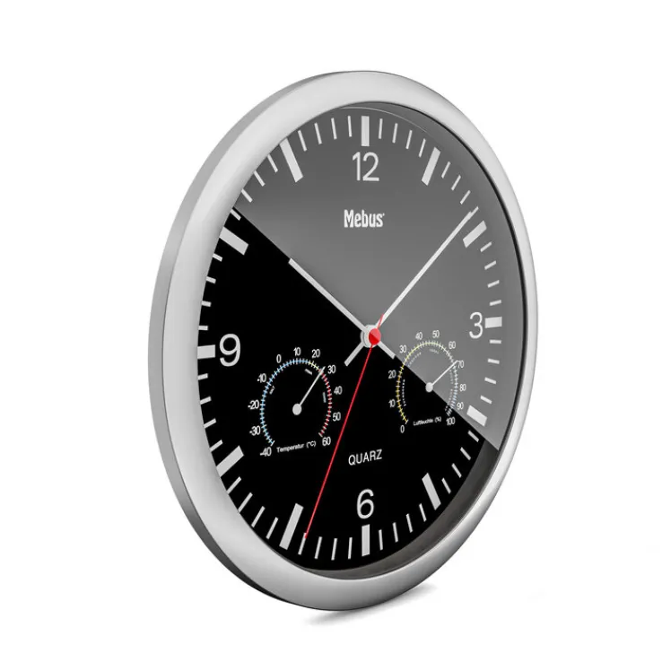 Mebus Quarz-Wanduhr mit Thermo- und Hygrometer 25 cm schwarz