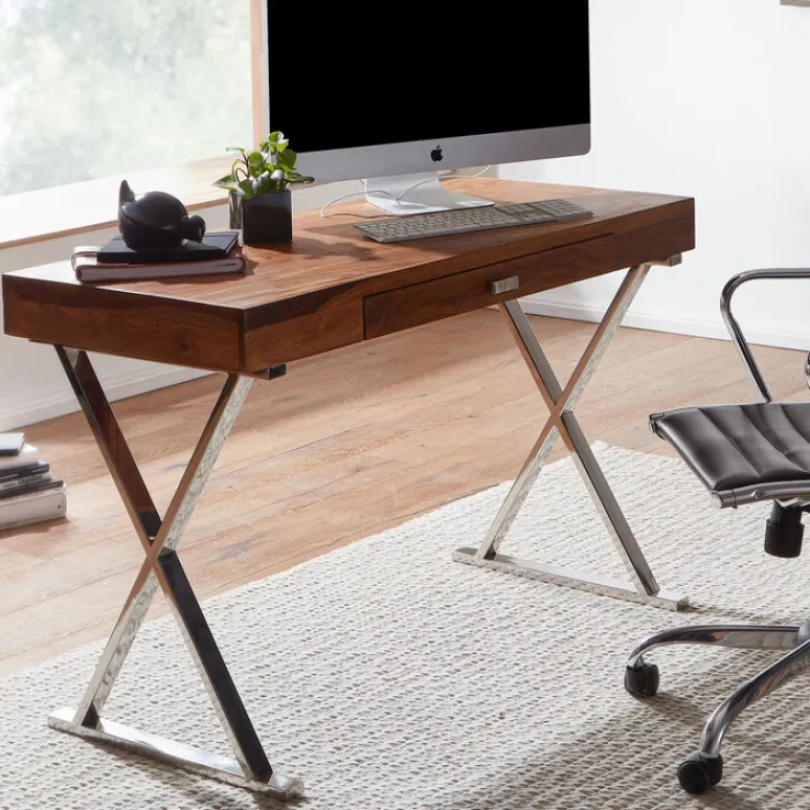 Schreibtisch 120 x 78 cm Braun Silber