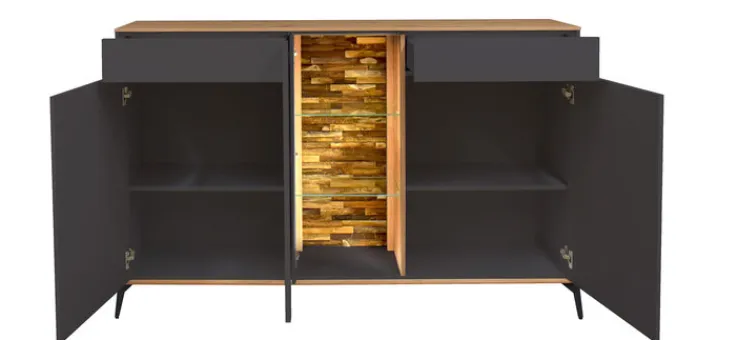 QUARTIER Sideboard COMO 159 x 90 cm Anthrazit matt Lack/Asteiche-Dekor