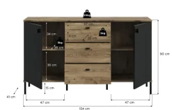 QUARTIER Sideboard Lou 89 x 154 x 41 cm Nox Oak Nachbildung Braun/Schwarz