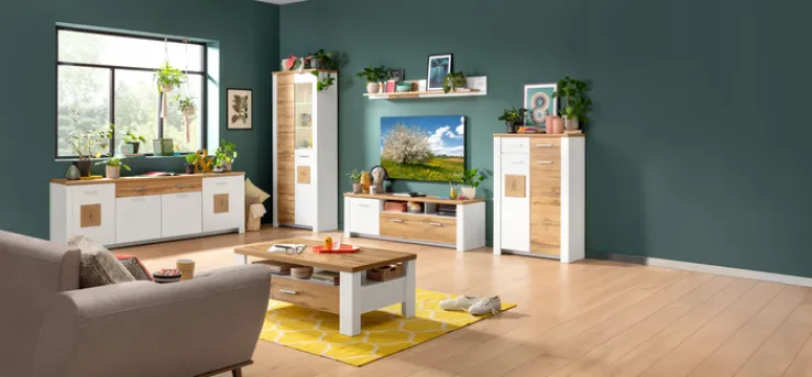 QUARTIER Vitrine RAMIRA 80x202 cm Weiß supermatt / Eiche Nachbildung