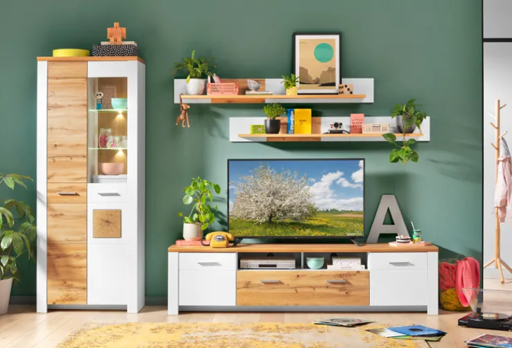 QUARTIER Vitrine RAMIRA 80x202 cm Weiß supermatt / Eiche Nachbildung