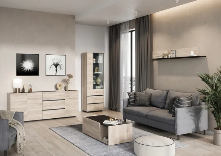 Vitrinenschrank EMMA 84 x 206 cm Castello-Eiche-Dekor beige/schwarz