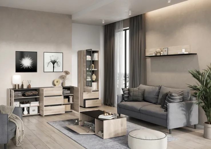 Vitrinenschrank EMMA 84 x 206 cm Castello-Eiche-Dekor beige/schwarz